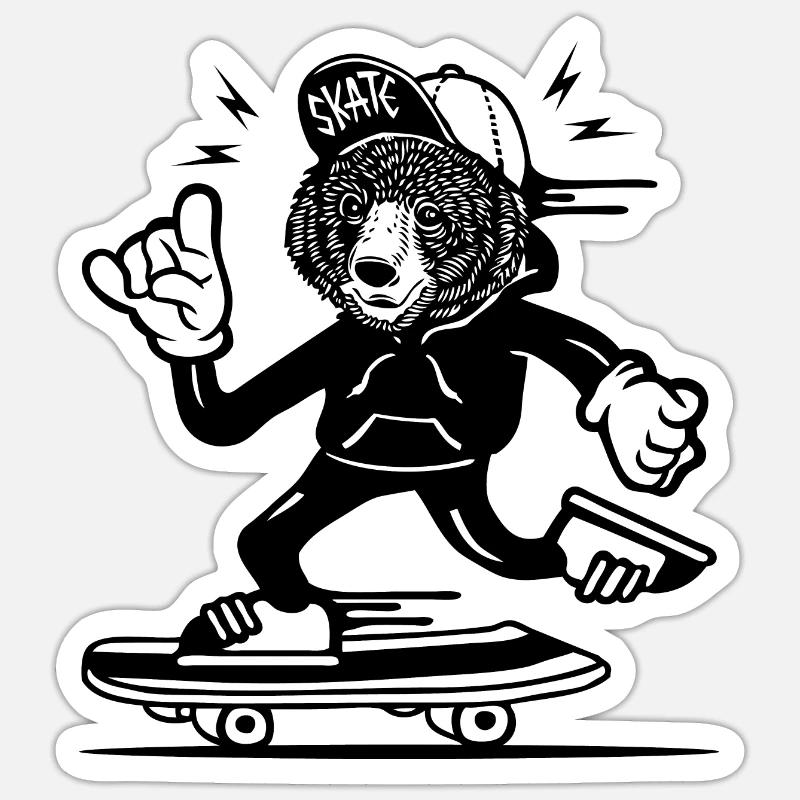 Bande dessinée Skater Bear - Sticker taille S (10 x 10 cm) - blanc mat