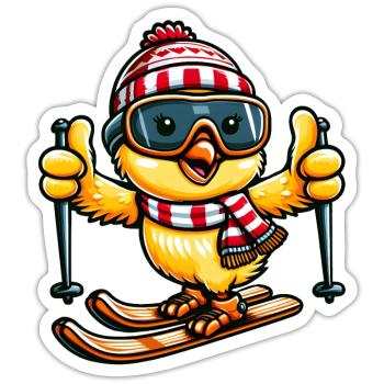 Poulet & poussin Ski Cartoon Hiver - Sticker taille S (10 x 10 cm) - blanc mat - Devant