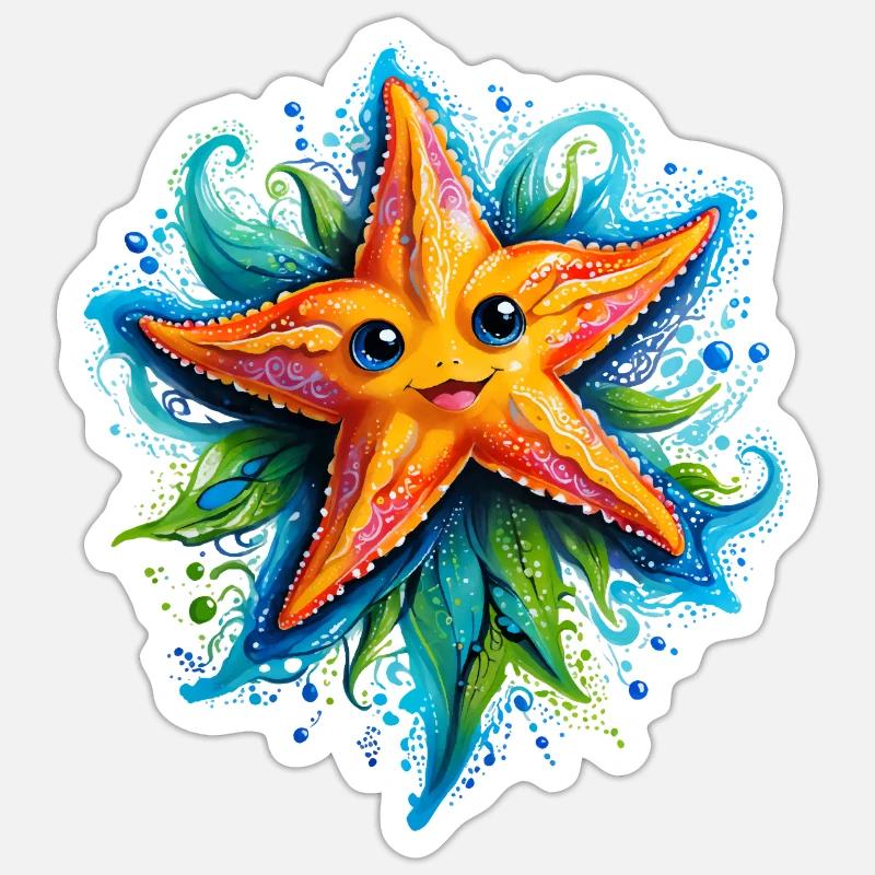 Étoile de mer jaune joyeuse dans le vortex bleu Sticker taille S (10 x 10 cm)