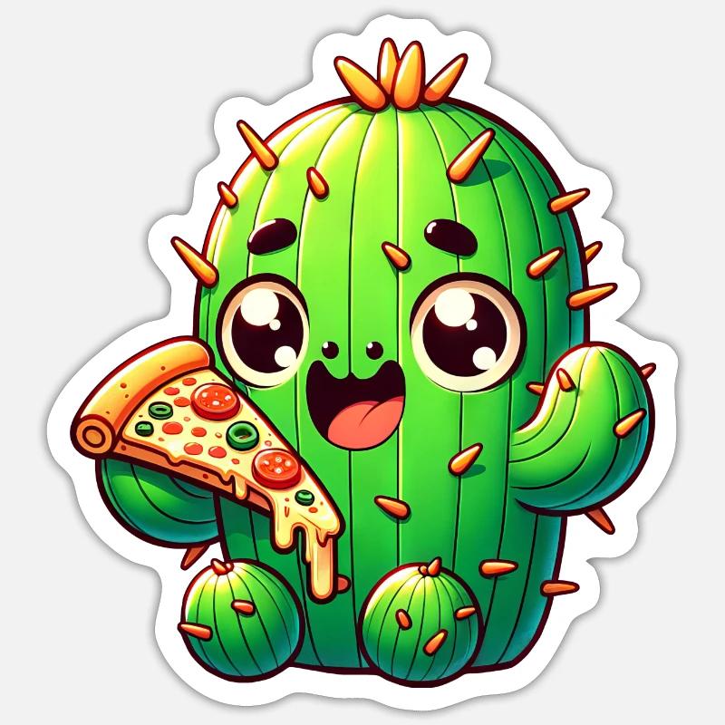 Cactus Kawaii mignon avec Pizza - Sticker taille S (10 x 10 cm) - blanc mat