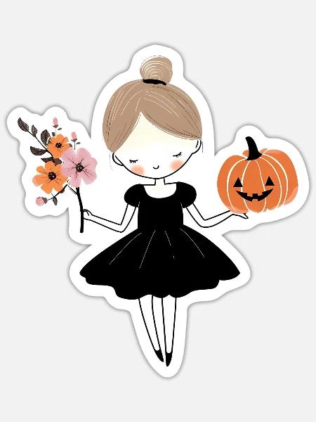 Halloween Ballerina Girl Flowers and Pumpkin - Sticker Größe S (10 x 10 cm) - Mattweiß