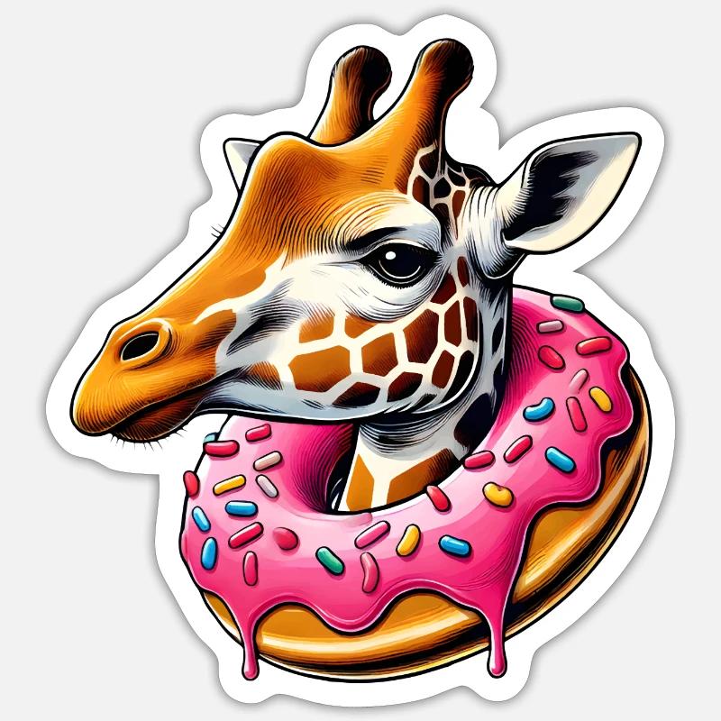 witziger Augenschmaus - Giraffe mit Donut - Sticker Größe S (10 x 10 cm) - Mattweiß