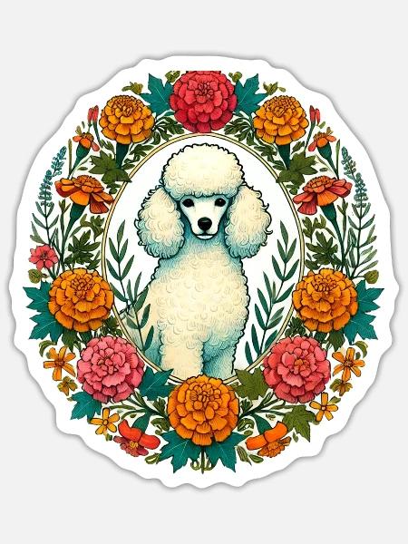 Ringelblumen-Pudel - Sticker Größe S (10 x 10 cm) - Mattweiß