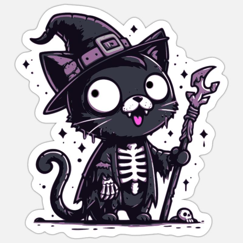 Chat Sorcière - Sticker taille S (10 x 10 cm) - blanc mat