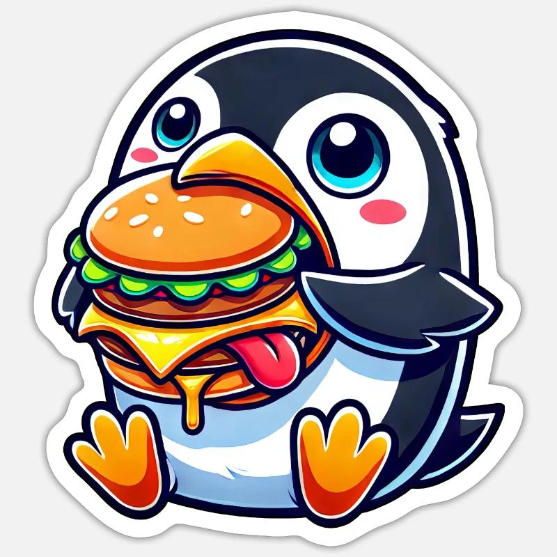 mignon pingouin burger dessin animé restauration rapide - Sticker taille S (10 x 10 cm) - blanc mat