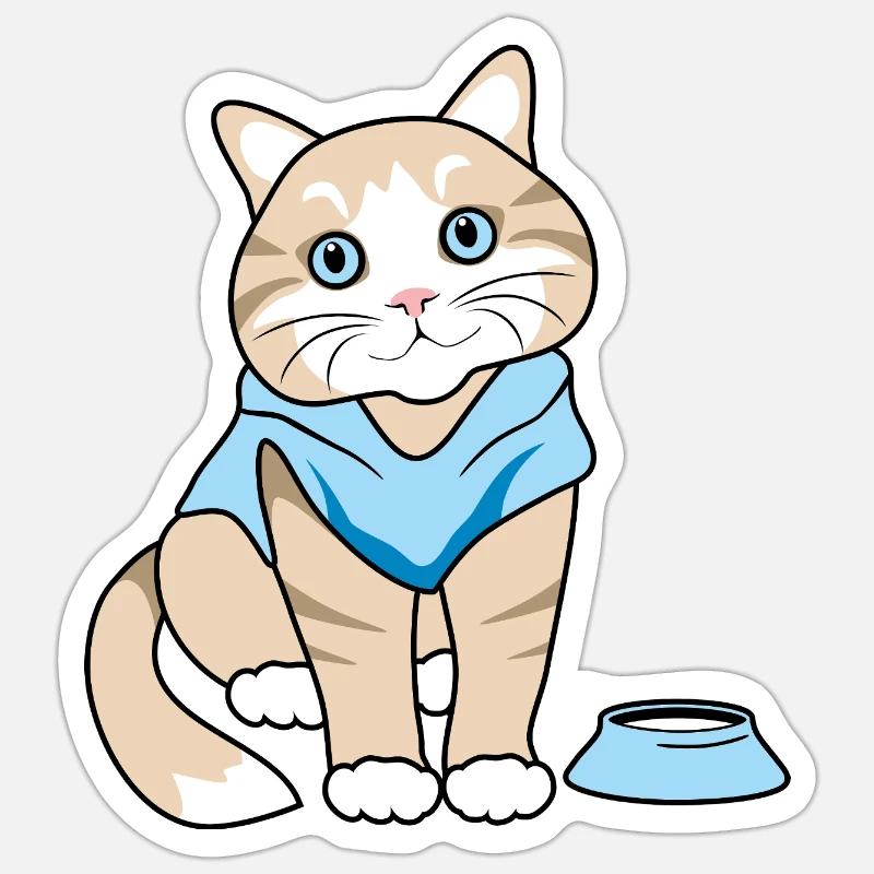 Chat mignon avec bol - Sticker taille S (10 x 10 cm) - blanc mat