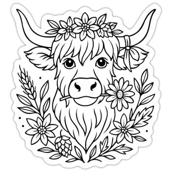 Highland Kuh mit Blumen - Volksfest Design - Sticker Größe S (10 x 10 cm) - Mattweiß - Vorne