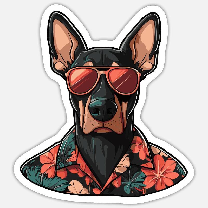 Dobermann Hund Comic Urlaub - Sticker Größe S (10 x 10 cm) - Mattweiß