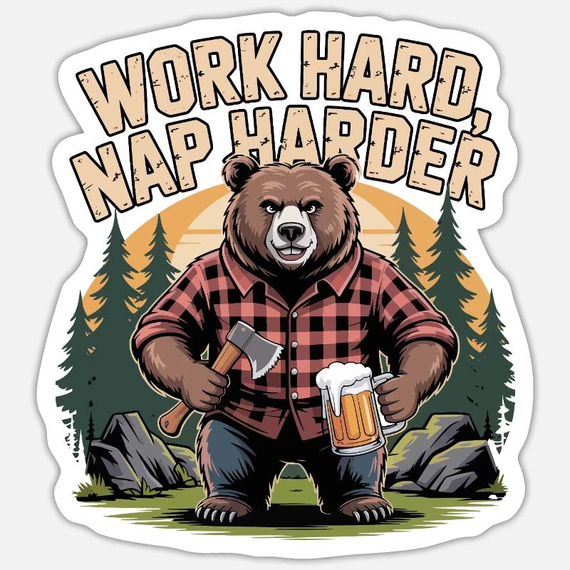 Hart arbeiten, Schlaf härter, Bär - Sticker Größe S (10 x 10 cm) - Mattweiß