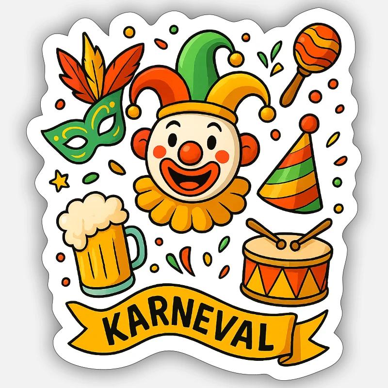 Bunter Karnevals Clown mit Trommel - Sticker Größe S (10 x 10 cm) - Mattweiß