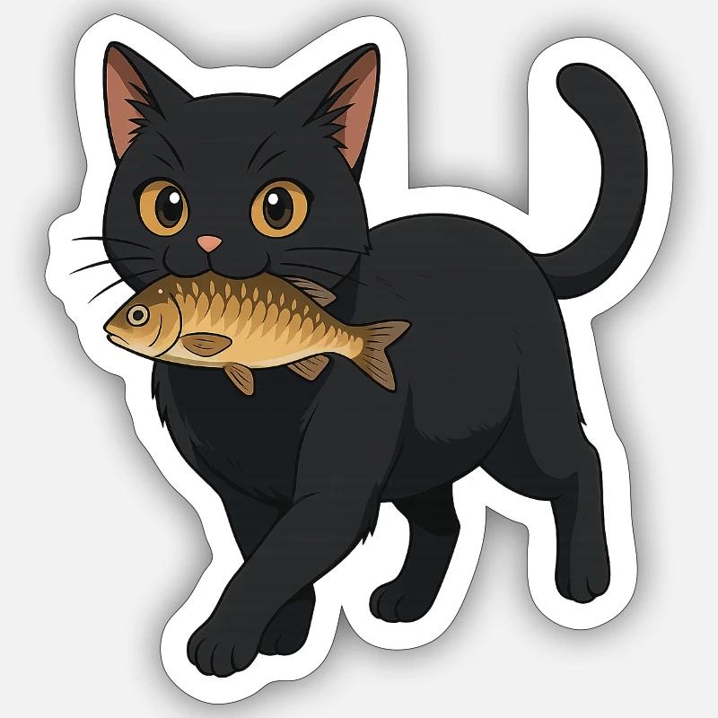 Cat with Fish Illustration Design - Sticker size S (10 x 10 cm) - white matte