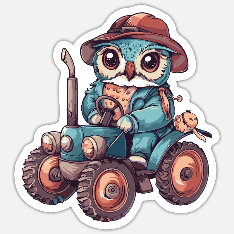 Eule Traktor Farmer - Sticker Größe S (10 x 10 cm) - Mattweiß