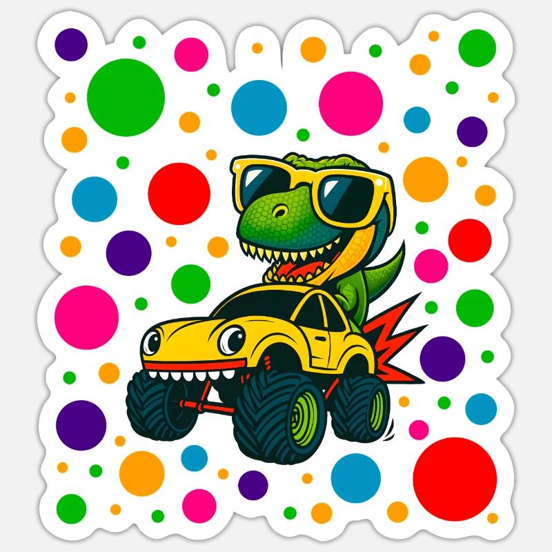 Dino Driver in Neon Dots - Sticker size S (10 x 10 cm) - white matte