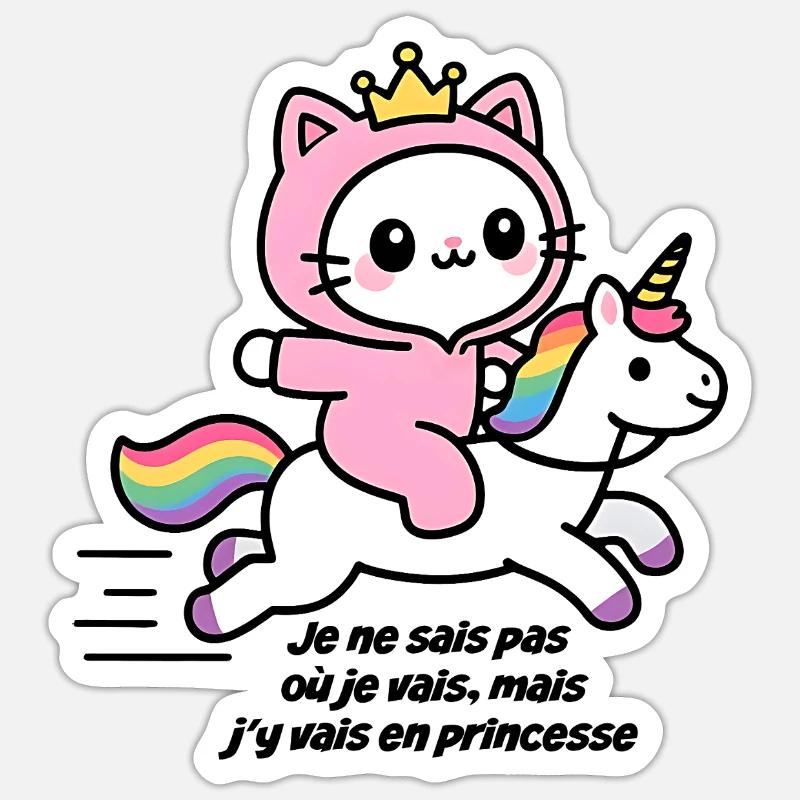 Rosa Katze auf Regenbogen-Einhorn - Sticker Größe S (10 x 10 cm) - Mattweiß