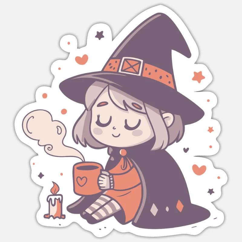 Cozy witch with hot mug - Sticker size S (10 x 10 cm) - white matte