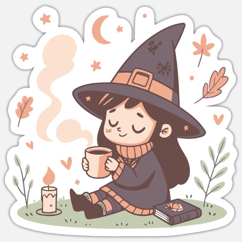 Cozy witch and steaming cup - Sticker size S (10 x 10 cm) - white matte
