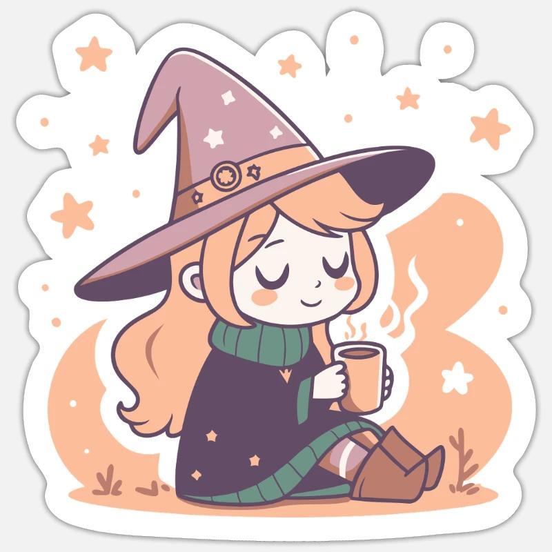 Sorcière mignone douillette et thé kawaii Sticker taille S (10 x 10 cm)