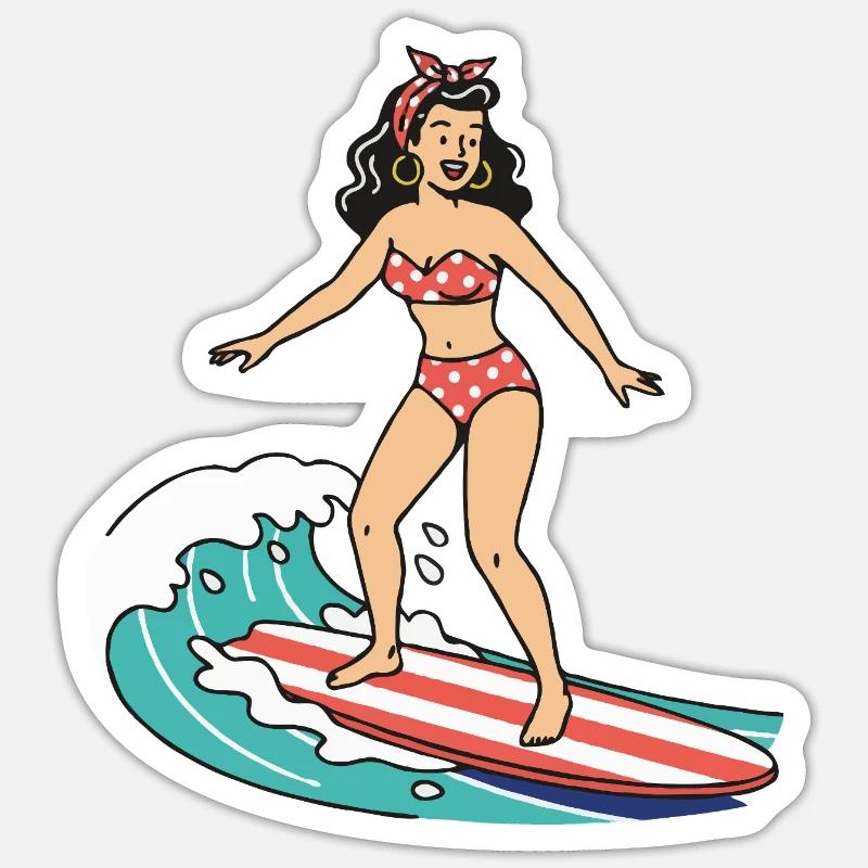 Pin-up-Mädchen auf dem Surfbrett - Sticker Größe S (10 x 10 cm) - Mattweiß