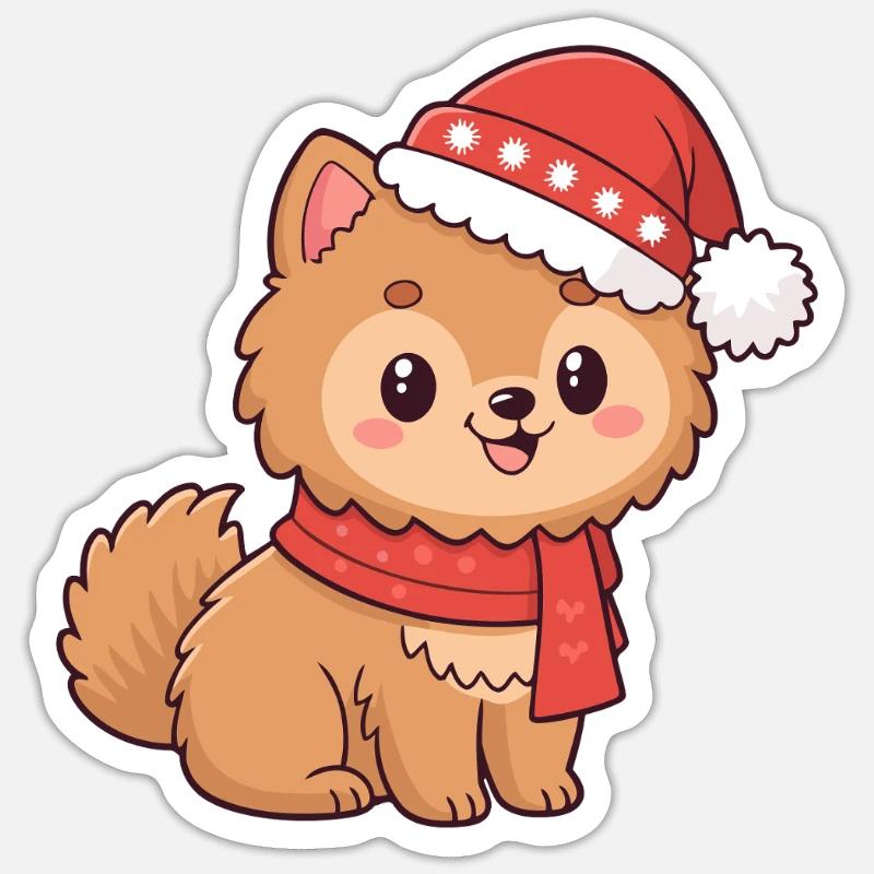 Chiot Noël Bonnet Écharpe - Sticker taille S (10 x 10 cm) - blanc mat