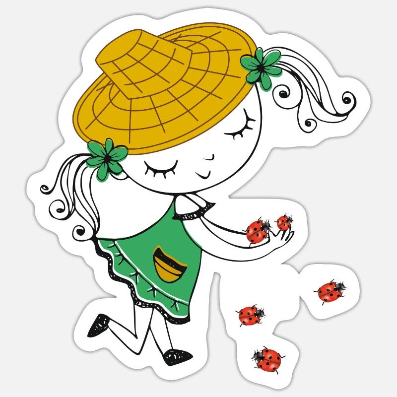 Mädchen mit Strohhut und Marienkäfer - Sticker Größe S (10 x 10 cm) - Mattweiß