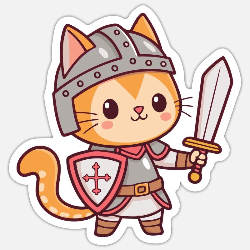 Chat chevalier kawaii avec épée Sticker taille S (10 x 10 cm)