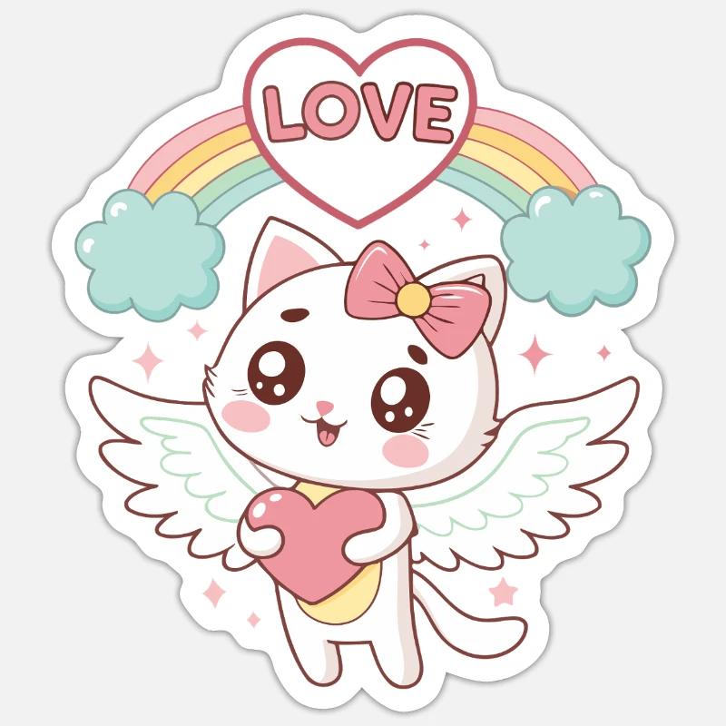 Chat ailé Arc en Ciel Amour - Sticker taille S (10 x 10 cm) - blanc mat