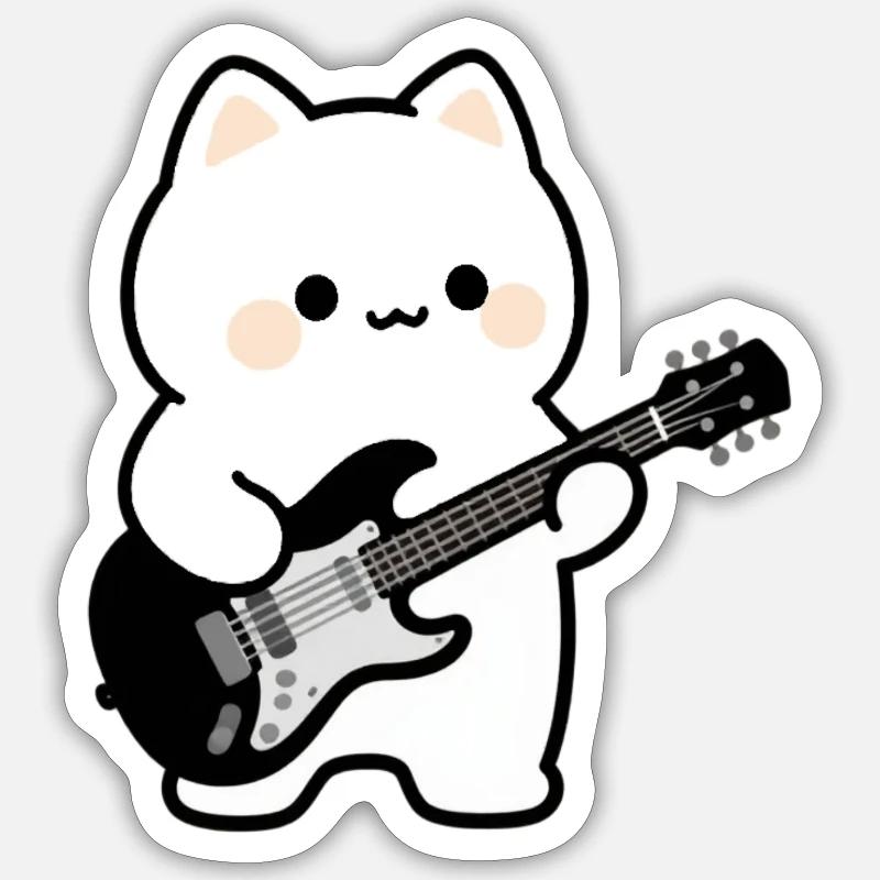 Kawaii Cat avec guitare électrique - Sticker taille S (10 x 10 cm) - blanc mat