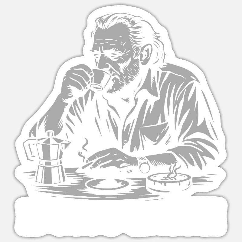Charles Bukowski drinking coffee at the cafe Sticker size S (10 x 10 cm)