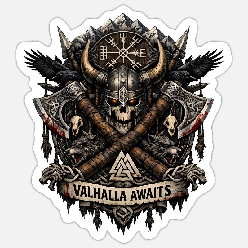 Le Valhalla attend le blason viking - Sticker taille S (10 x 10 cm) - blanc mat