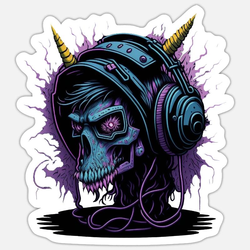 Neon Skull mit Kopfhörern DJ - Sticker Größe S (10 x 10 cm) - Mattweiß
