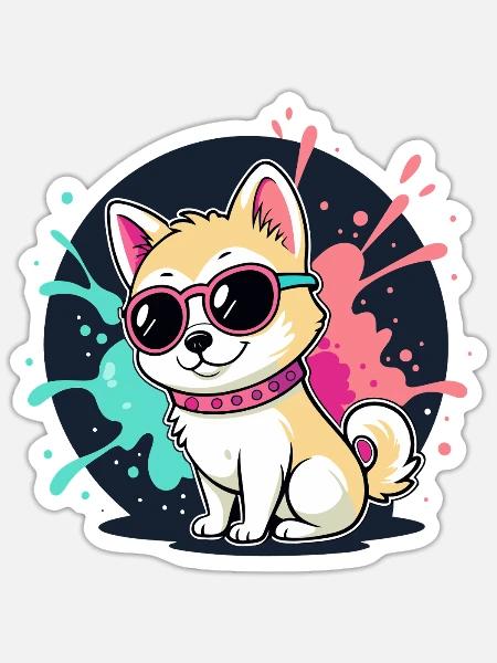Kawaii Welpen-Sonne und Brille - Sticker Größe S (10 x 10 cm) - Mattweiß