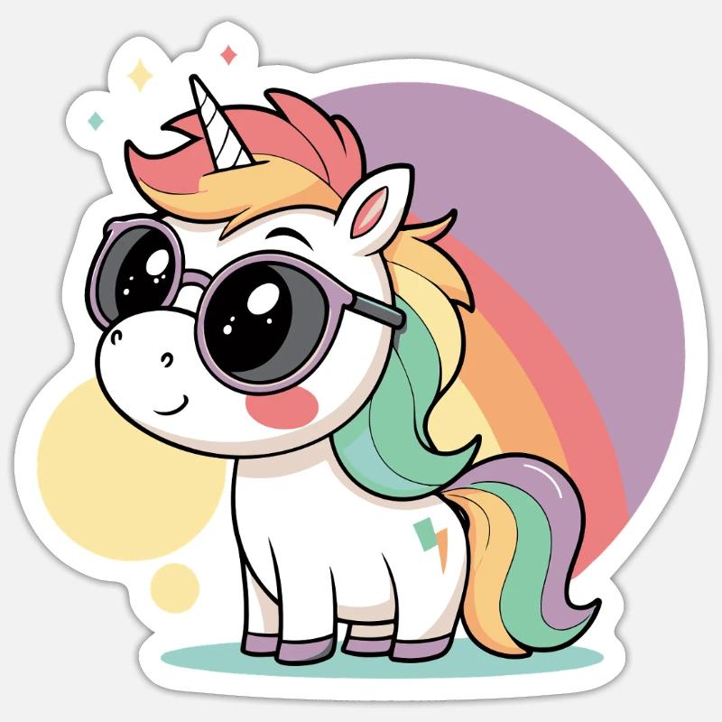 Pastell-Einhorn in Brille und Regenbogen - Sticker Größe S (10 x 10 cm) - Mattweiß