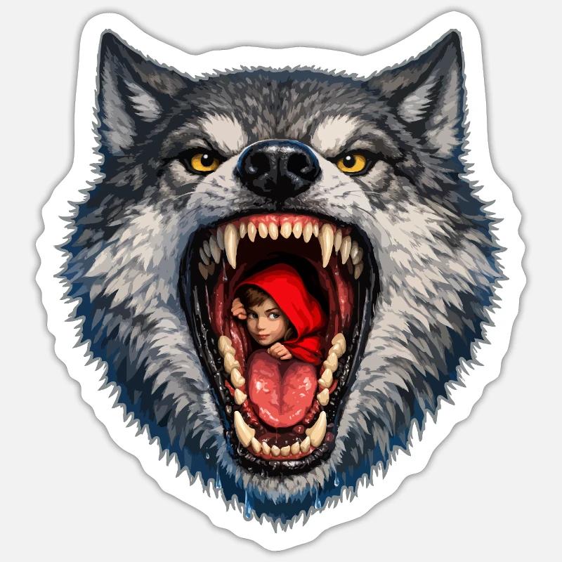 Wolfskopf mit Rotkäppchen - Sticker Größe S (10 x 10 cm) - Mattweiß