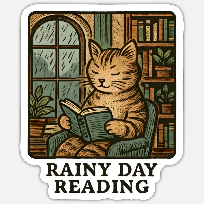 Lecture du chat de pluie - Sticker taille S (10 x 10 cm) - blanc mat
