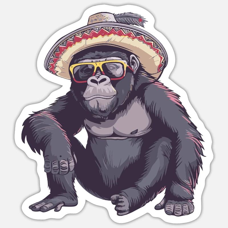 Gorilla Comic Sombrero drôle - Sticker taille S (10 x 10 cm) - blanc mat