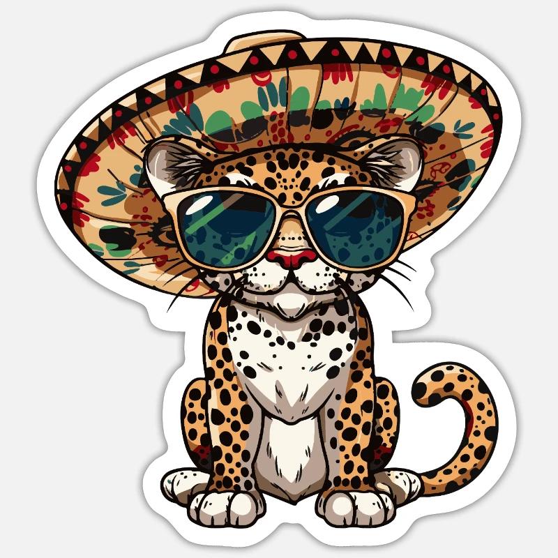 Leopard Comic Lustig Sombrero - Sticker Größe S (10 x 10 cm) - Mattweiß