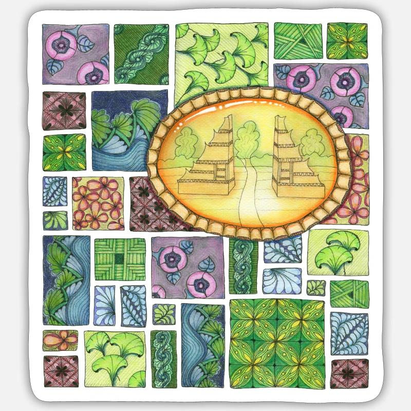 Bali temple on pattern patchwork - Sticker Größe S (10 x 10 cm) - Mattweiß
