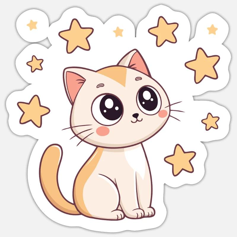 Chat étoilé kawaii - Sticker taille S (10 x 10 cm) - blanc mat