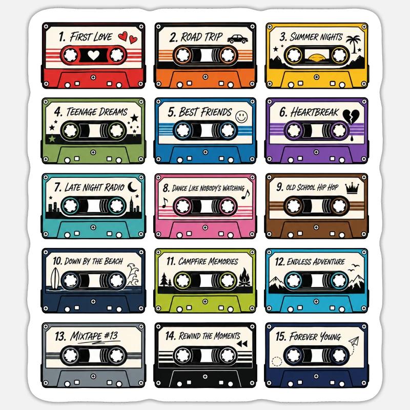 Collection de Cassettes Audio Rétro - Sticker taille S (10 x 10 cm) - blanc mat