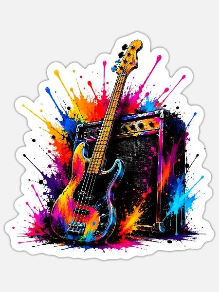 Bunte Bassgitarre - Sticker Größe S (10 x 10 cm) - Mattweiß