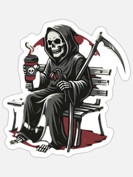 Grim Reaper Kaffee auf Bank - Sticker Größe S (10 x 10 cm) - Mattweiß