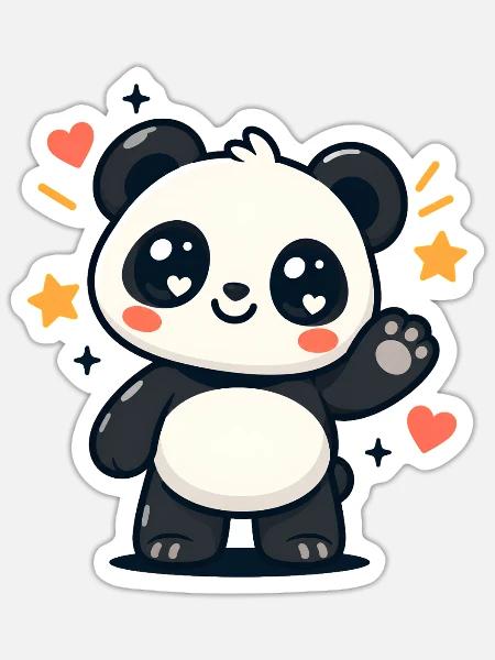 Panda kawaii winkt mit Sternen - Sticker Größe S (10 x 10 cm) - Mattweiß