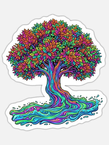 Baum des Lebens – Psychedelic Regenbogen Motiv - Sticker Größe S (10 x 10 cm) - Mattweiß