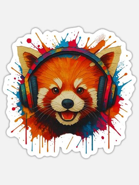 Roter panda mit bunten Kopfhörern - Sticker Größe S (10 x 10 cm) - Mattweiß