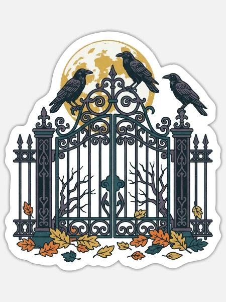 Krähen auf dem Friedhofstor - Sticker Größe S (10 x 10 cm) - Mattweiß