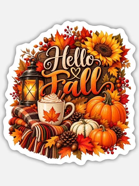Hallo Herbst-Gemütliche Ernteszene - Sticker Größe S (10 x 10 cm) - Mattweiß