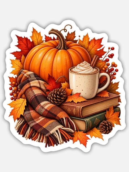 Herbstliche gemütliche Kürbis-Latte-Szene - Sticker Größe S (10 x 10 cm) - Mattweiß