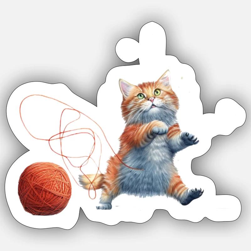 Katze mit Wolle - Sticker Größe S (10 x 10 cm) - Mattweiß