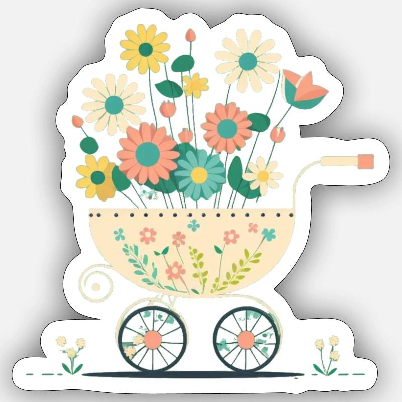 Blumiger Kinderwagen 2 - Sticker Größe S (10 x 10 cm) - Mattweiß