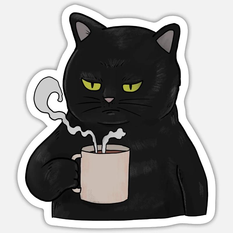 Mürrische schwarze Katze mit Kaffee Morgenmuffel - Sticker Größe S (10 x 10 cm) - Mattweiß